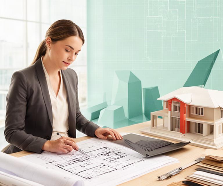 Arquitecta revisando planos de una vivienda junto a una maqueta y un portátil en un estudio luminoso
