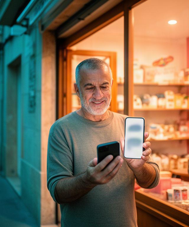 Comercio de Vinaròs con escaparate iluminado y propietario atendiendo mensajes desde un teléfono
